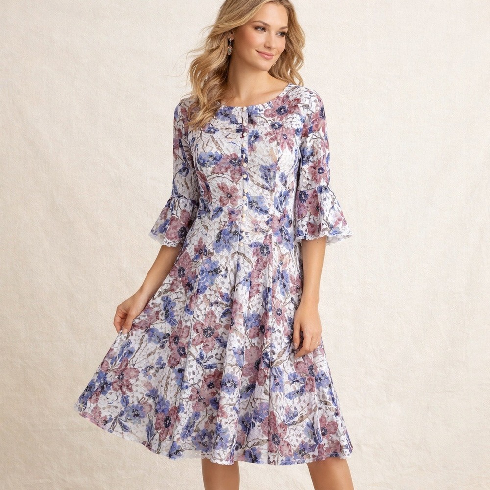 Rabbit Design Y2K Sz 14 Floral Lace Bell Slv Fit Flare Midi Dress Boho‎ Easter
